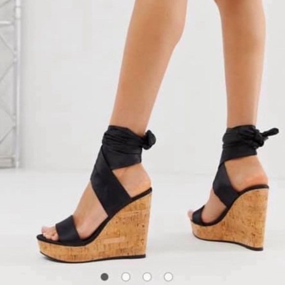❤️ASOS Black Twist Tie Leg Cork Wedges Satin Straps Strappy Leather Platforms - Picture 1 of 6
